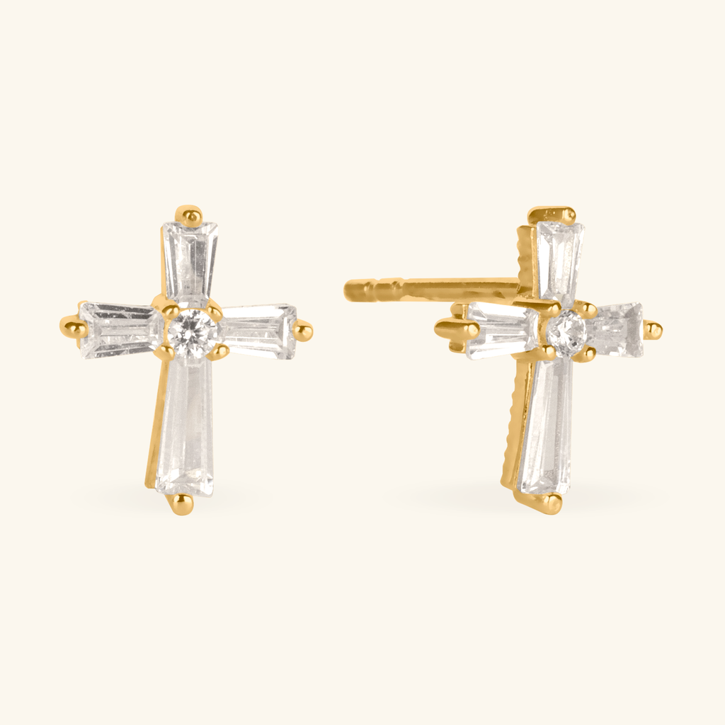 Cross Baguette Studs, Made in 14k solid gold.