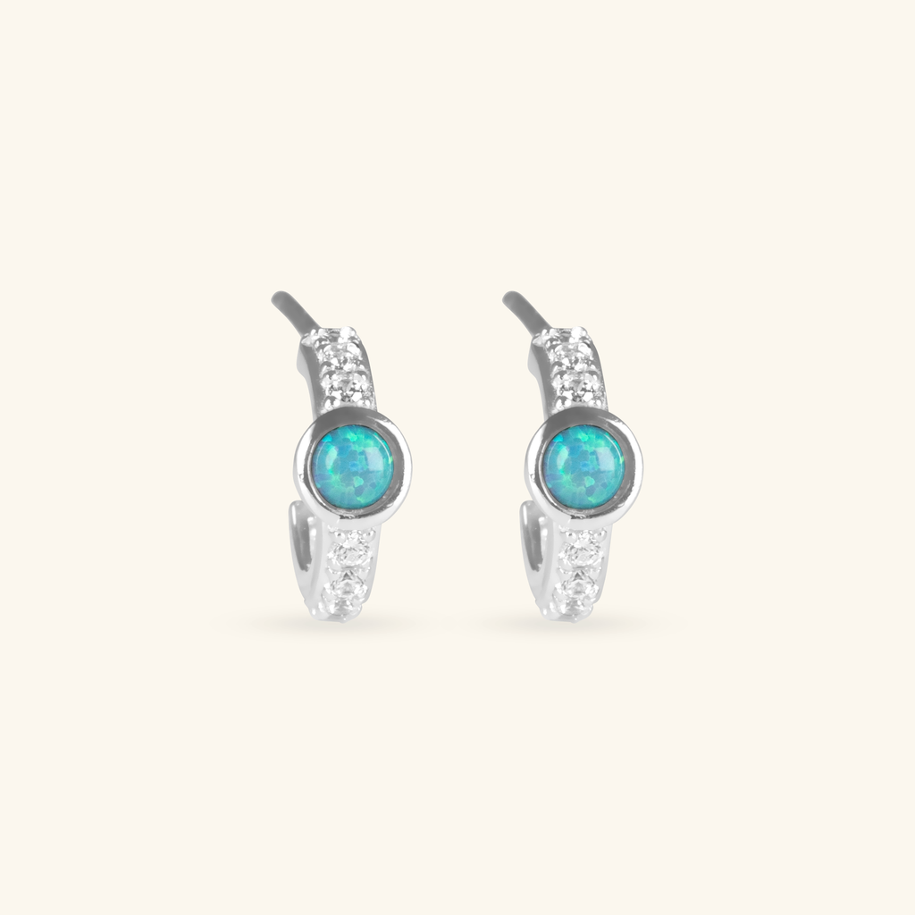 Pavé Opal Mini Hoops Sterling Silver, Handcrafted in 925 sterling silver