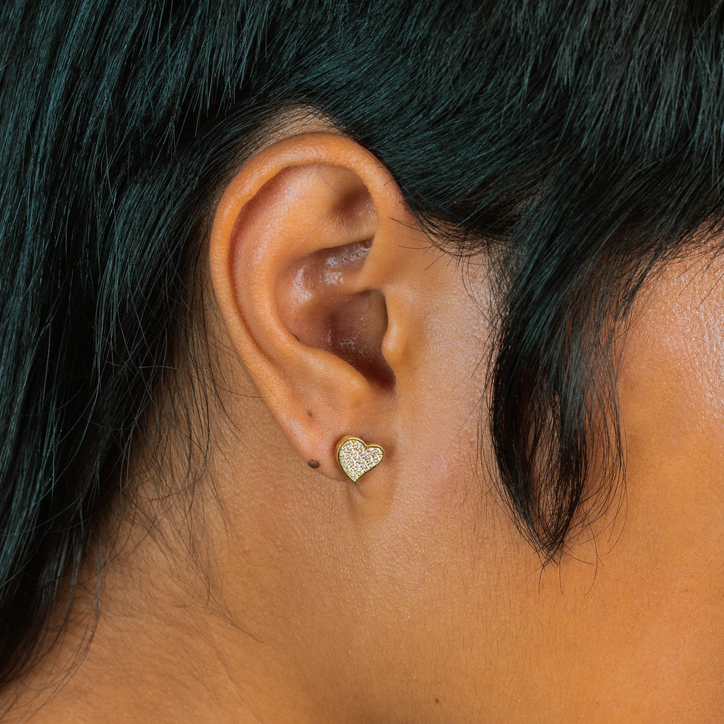 Pavé Heart Curve Studs, Made in 18k solid gold