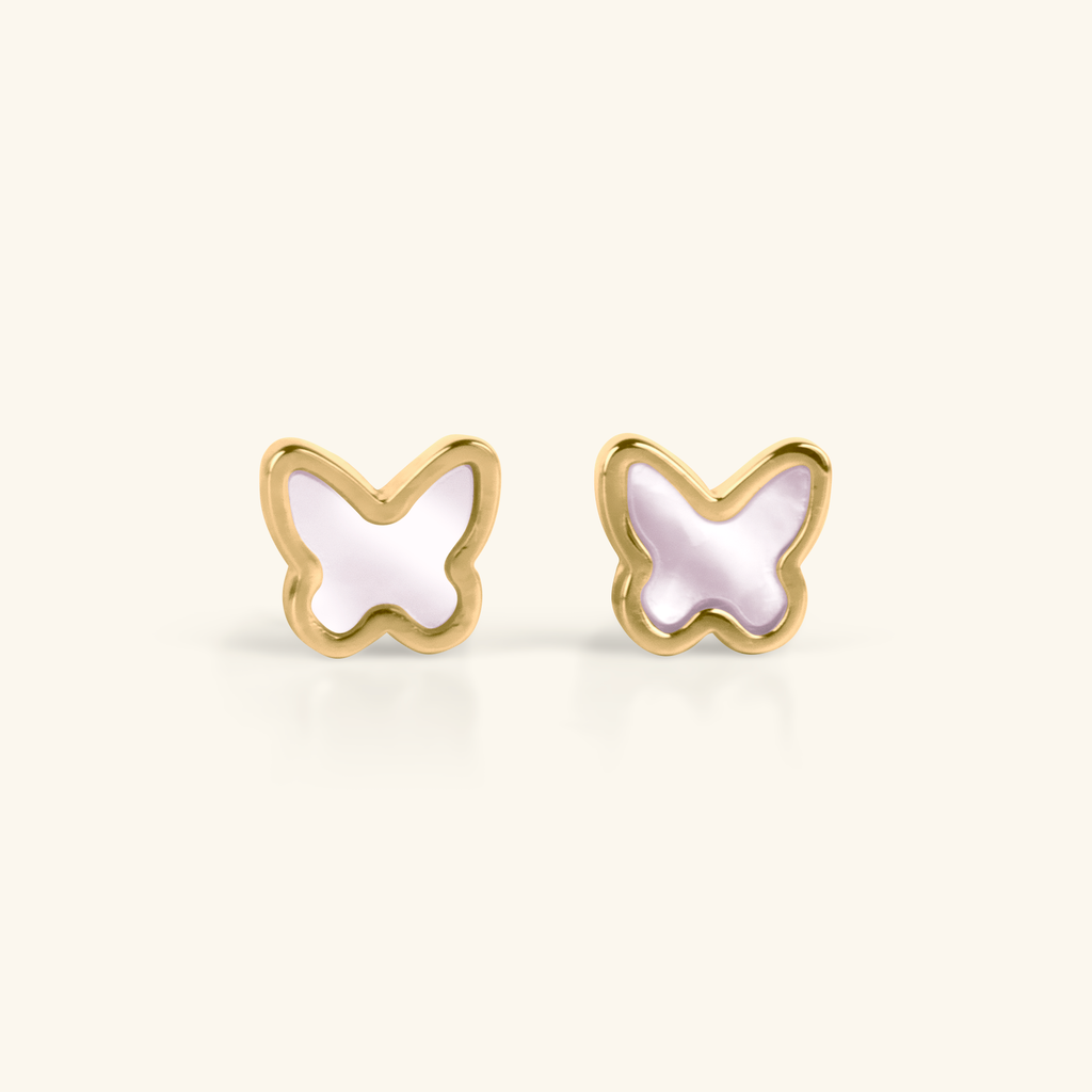 Butterfly Mother of Pearl Studs, Made in 14k yellow gold