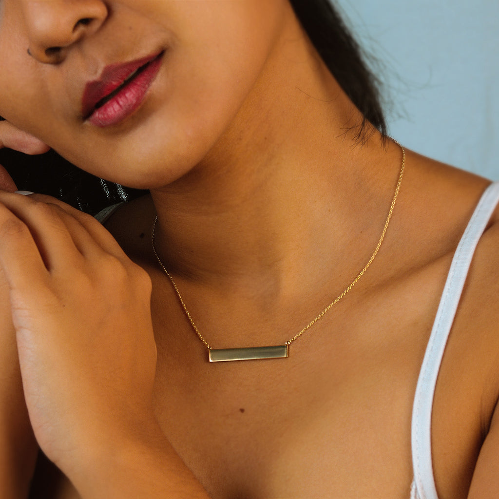 Horizontal Engravable Bar Necklace, Made in 14k solid gold