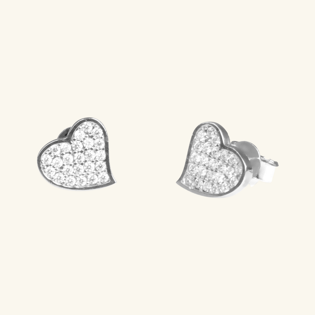 Pavé Heart Curve Studs White Gold, Made in 18k solid gold