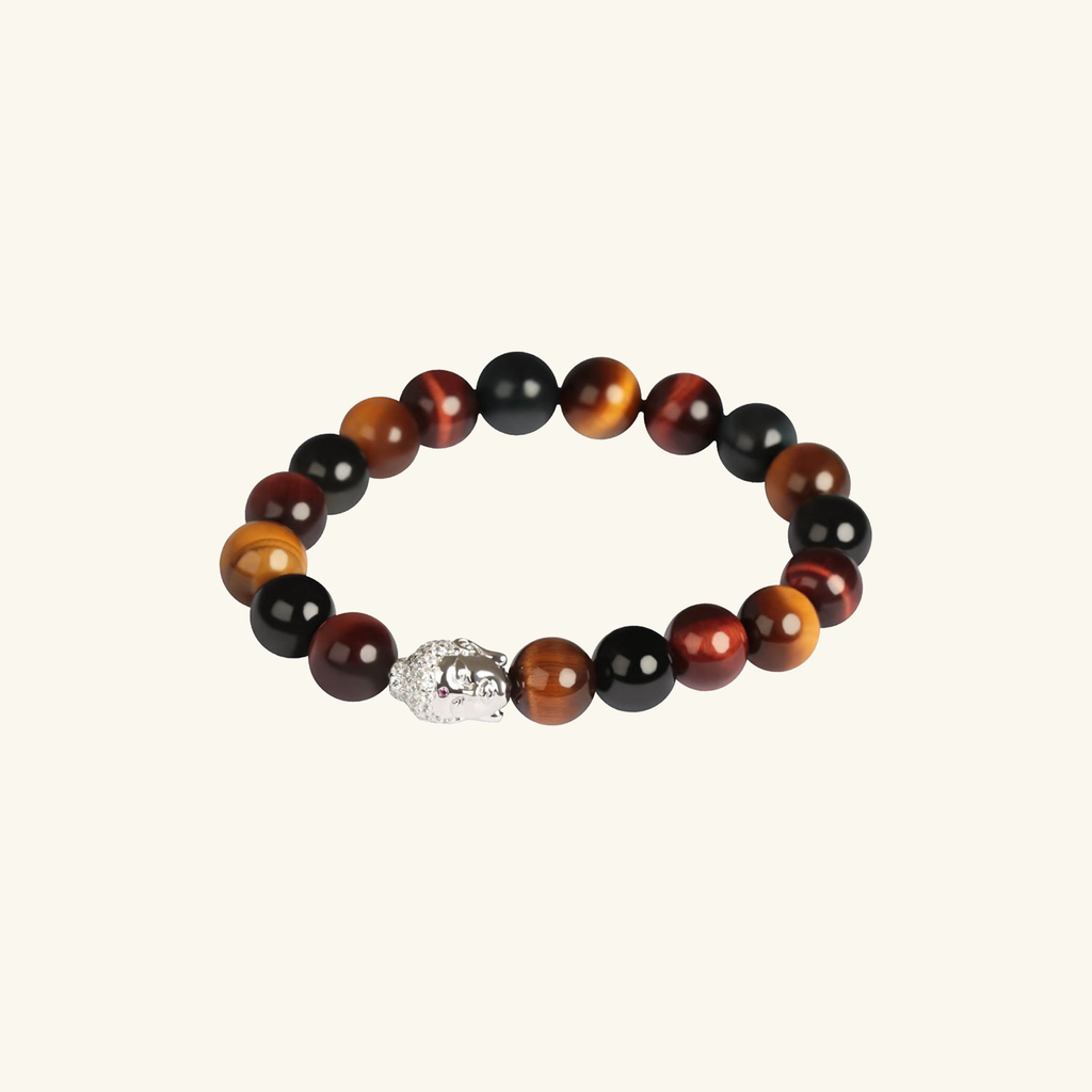 Buddha Tiger Eye Bead Men's Bracelet, Handcrafted in 925 sterling silver