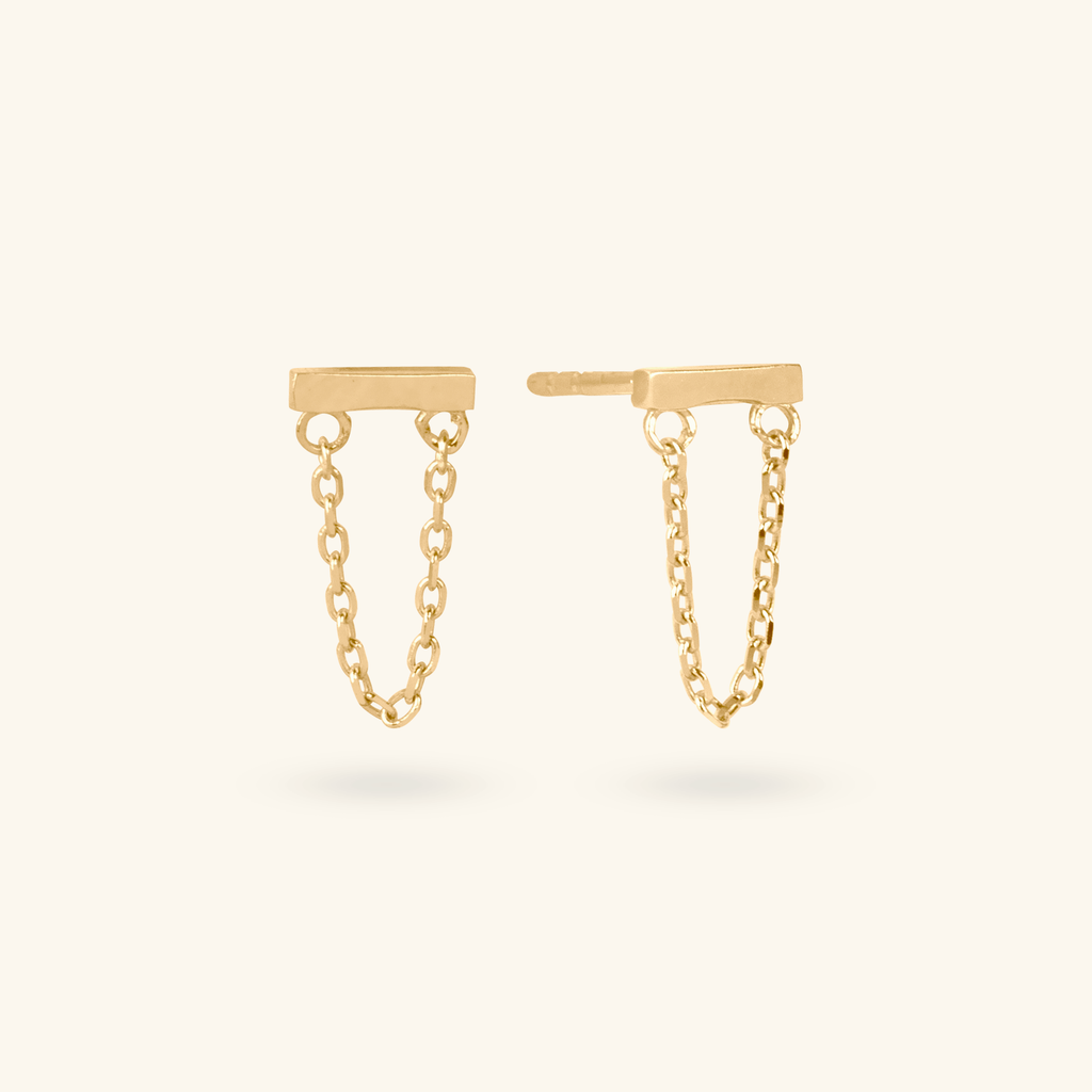 Bar Drop Chain Earrings, Made in 14k solid gold. 
