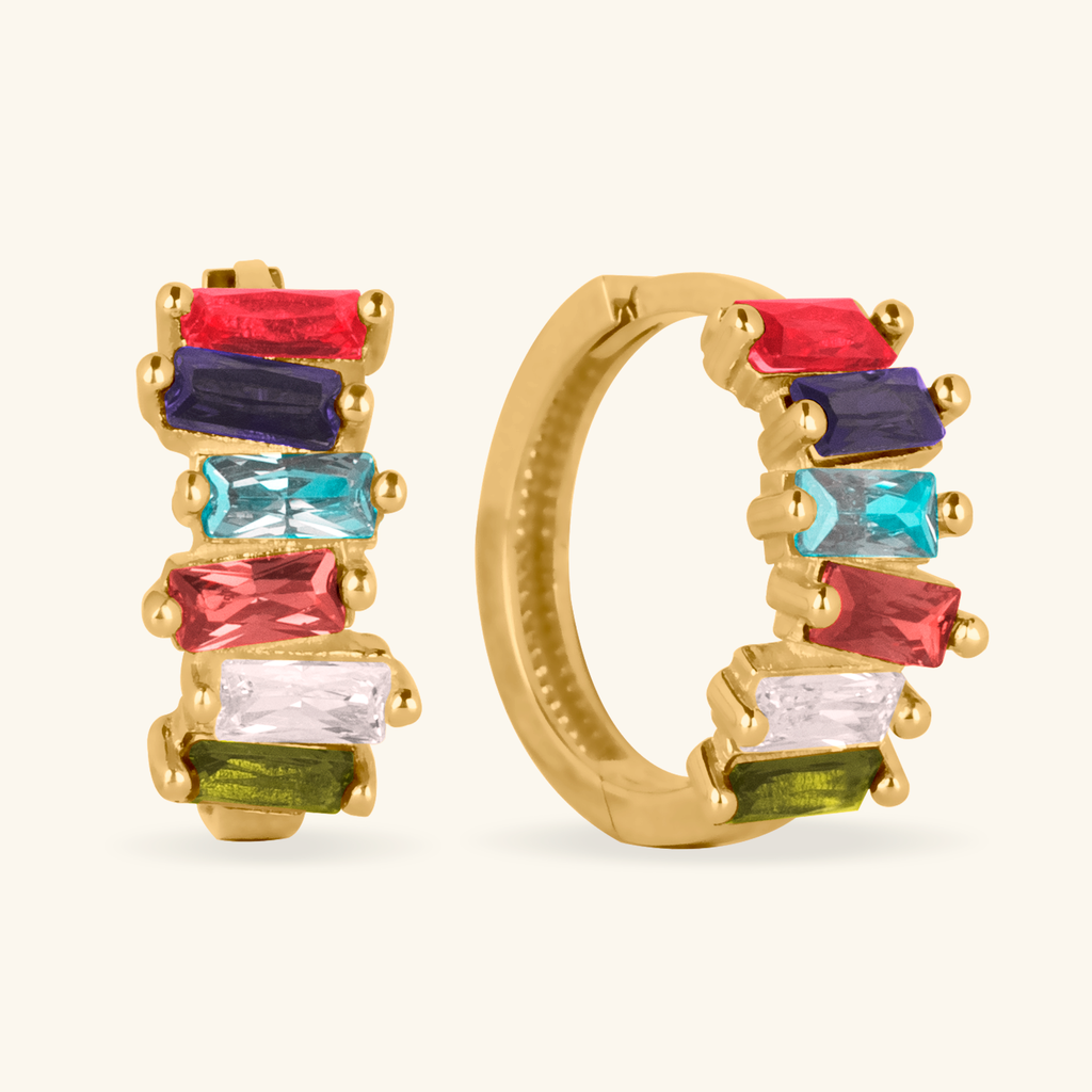 Colored Cluster Baguette Hoops, Made in 14k solid gold 