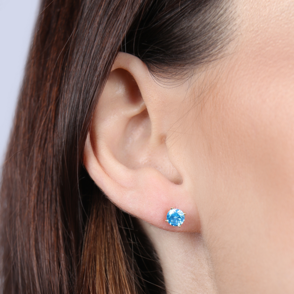 Birthstone Round Earrings - March (Aquamarine Colored CZ), Set in 18k Solid Gold