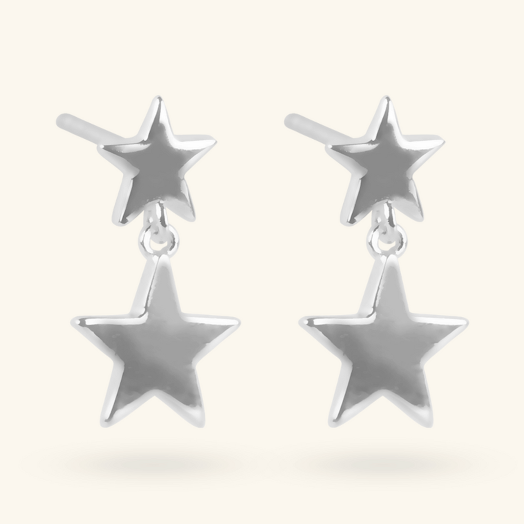 Double Star Drop Earrings Sterling Silver, Handcrafted in 925 sterling silver
