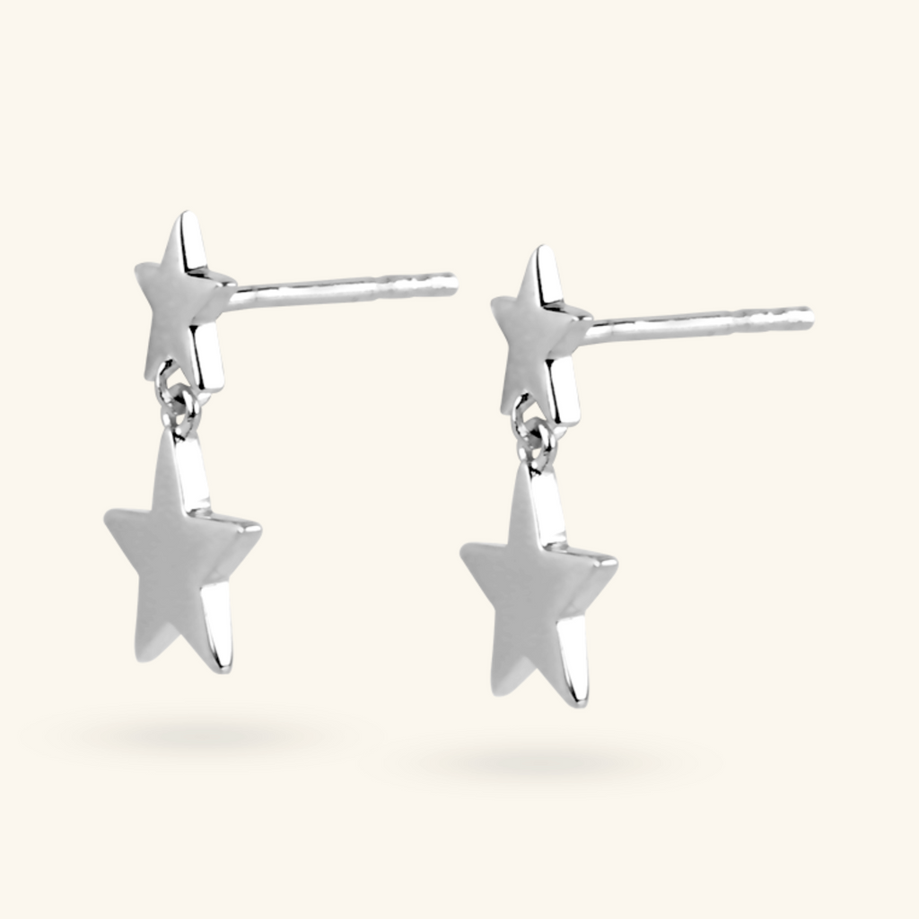 Double Star Drop Earrings Sterling Silver, Handcrafted in 925 sterling silver