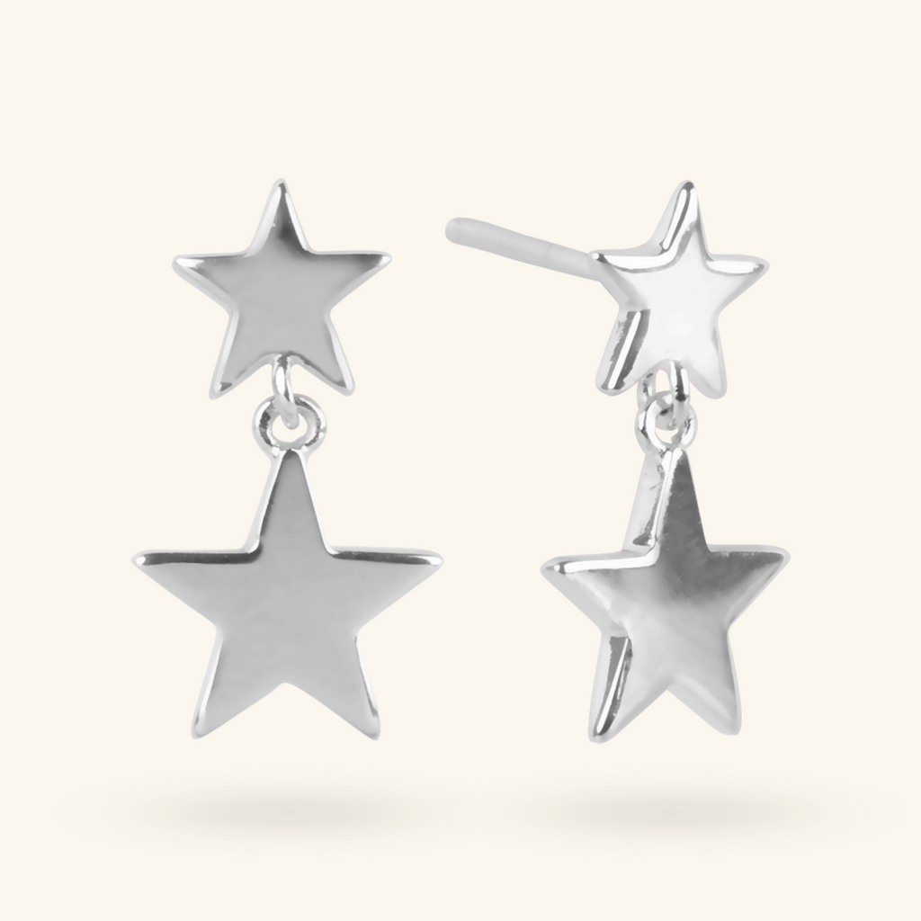 Double Star Drop Earrings Sterling Silver, Handcrafted in 925 sterling silver