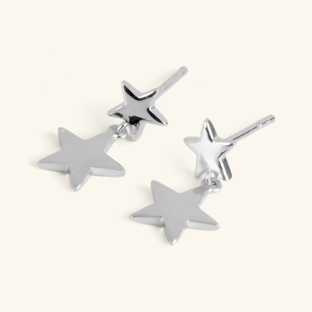 Double Star Drop Earrings Sterling Silver, Handcrafted in 925 sterling silver