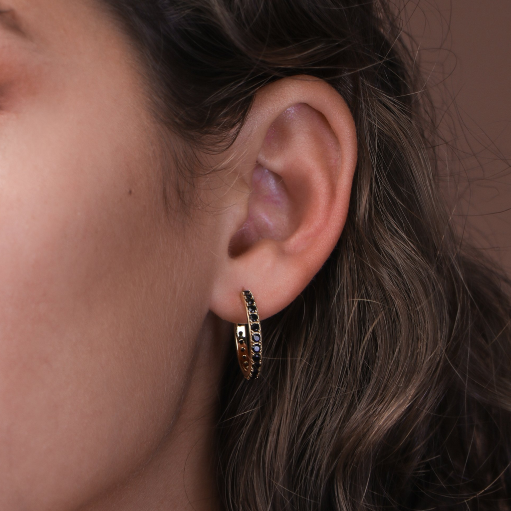 Pavé Black Onyx Midi Hoops, Handcrafted in 925 sterling silver
