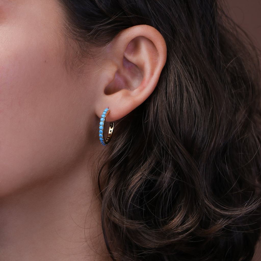Pavé Turquoise Midi Hoops, Handcrafted in 925 sterling silver