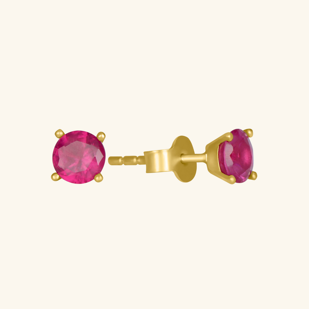 Birthstone Round Earrings - July (Ruby Colored CZ), Set in 18k Solid Gold