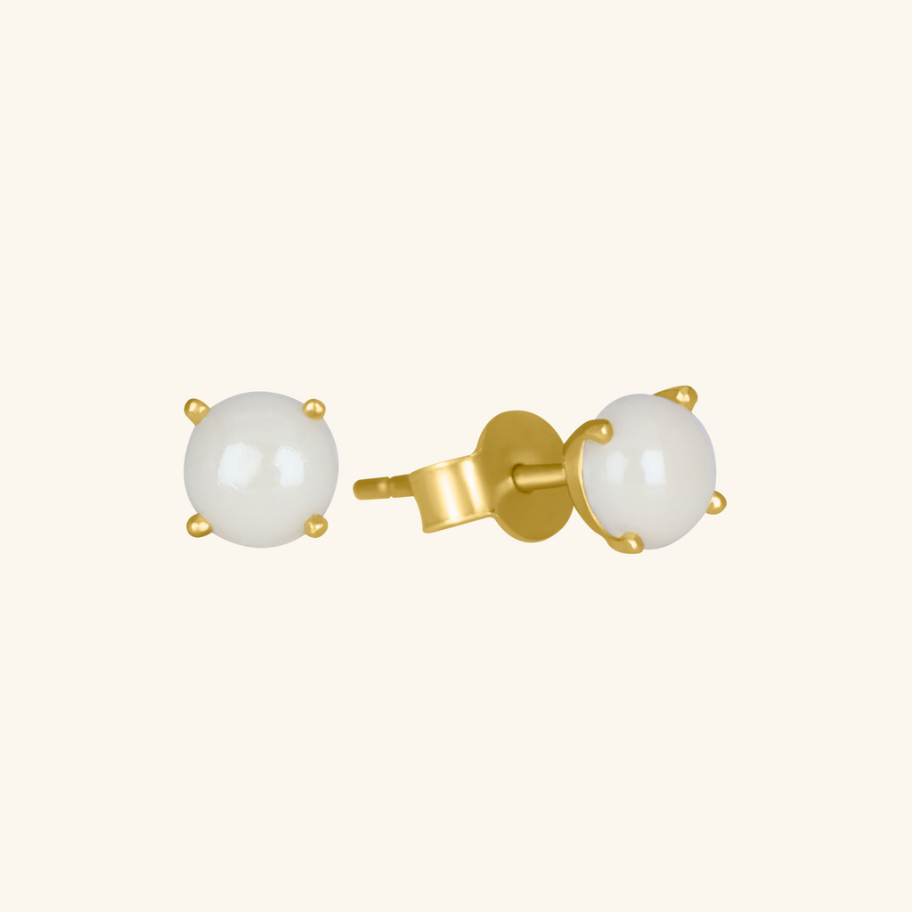 Birthstone Round Earrings - June (Synthetic Pearl), Set in 18k Solid Gold