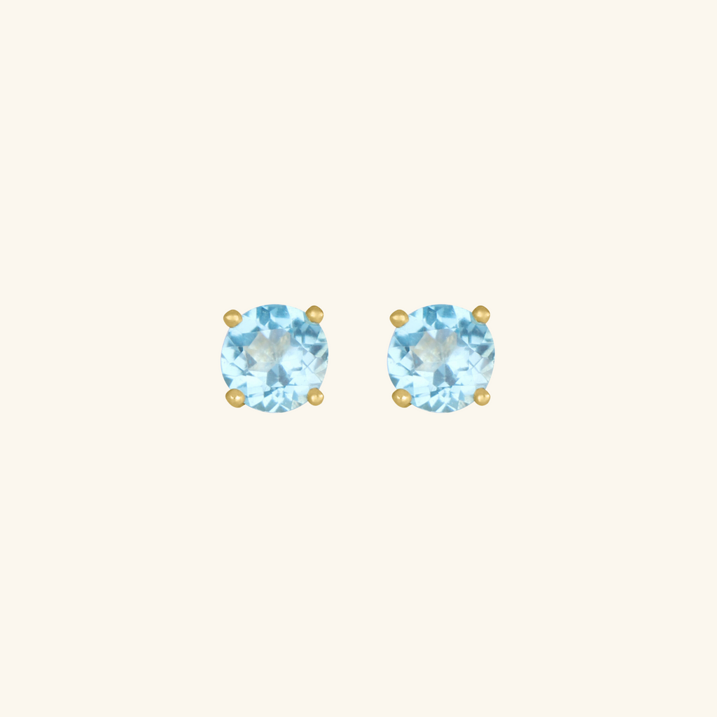 Birthstone Round Earrings - March (Aquamarine Colored CZ), Set in 18k Solid Gold