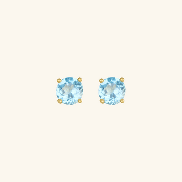 Birthstone Round Earrings - March (Aquamarine Colored CZ), Set in 18k Solid Gold