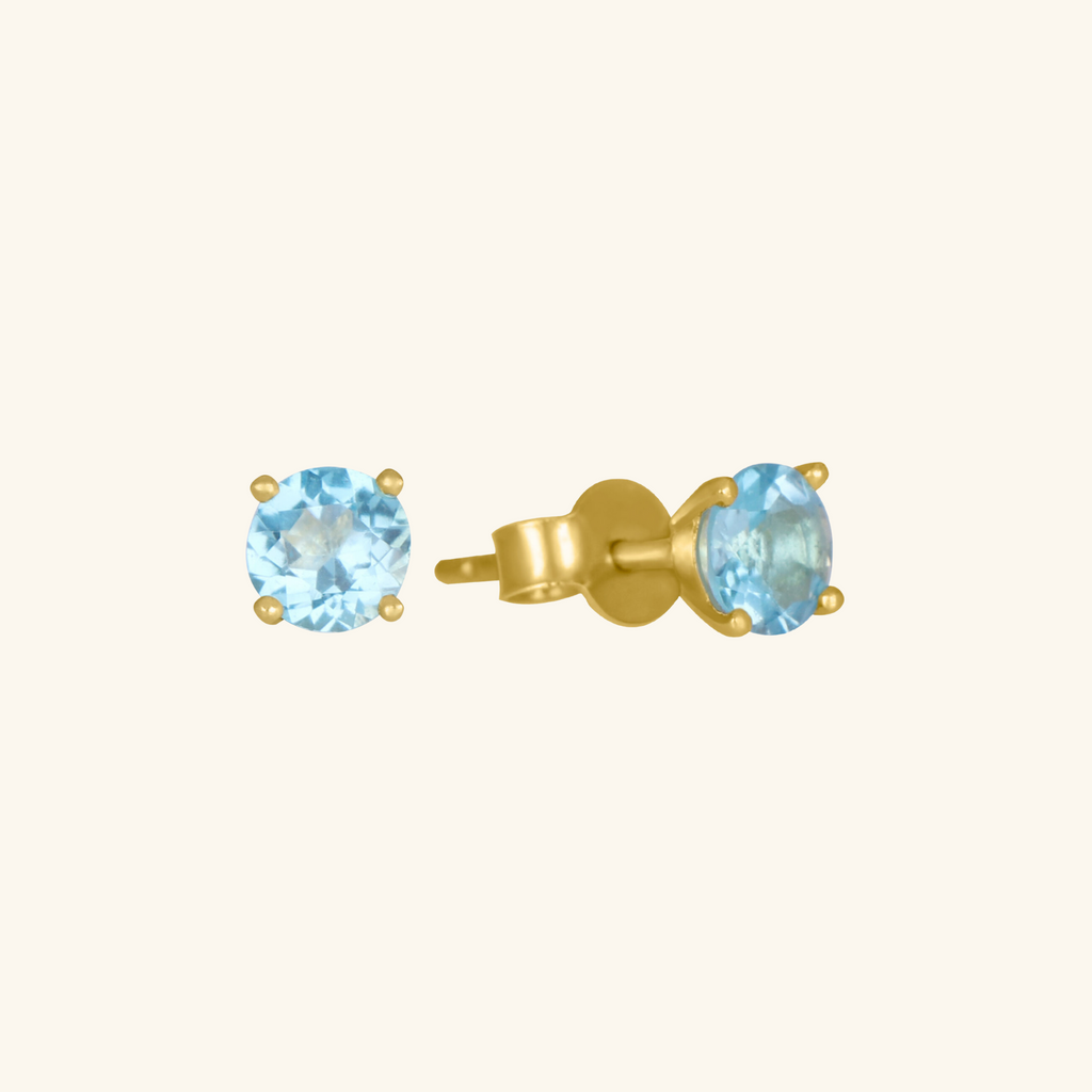 Birthstone Round Earrings - March (Aquamarine Colored CZ), Set in 18k Solid Gold