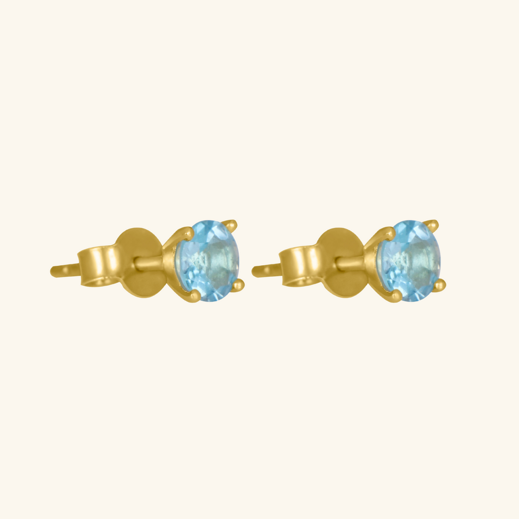 Birthstone Round Earrings - March (Aquamarine Colored CZ), Set in 18k Solid Gold