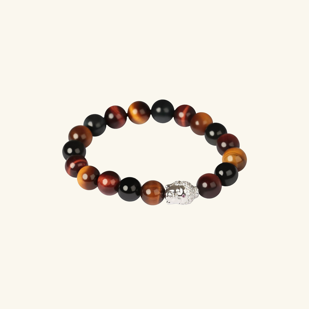 Buddha Tiger Eye Bead Men's Bracelet, Handcrafted in 925 sterling silver