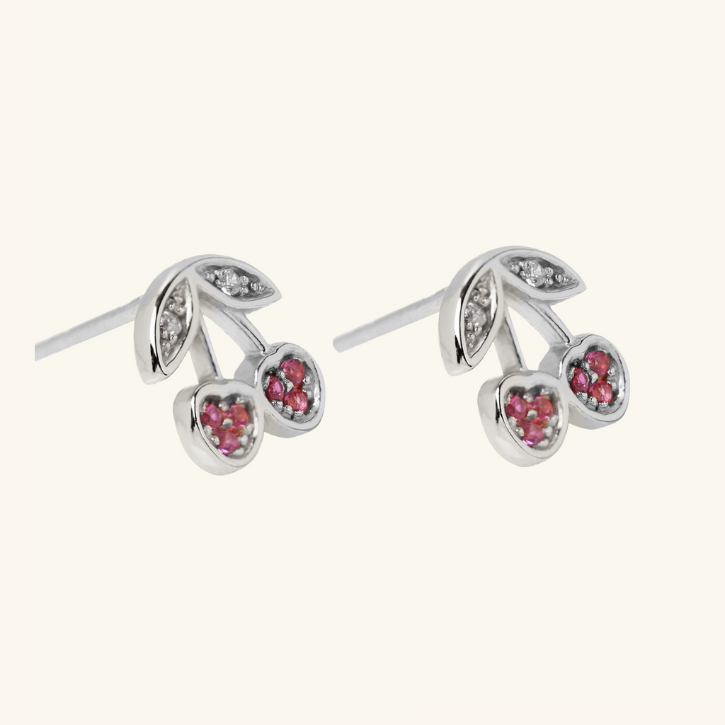Cherry Stud Earrings Sterling Silver, Handcrafted in 925 sterling silver