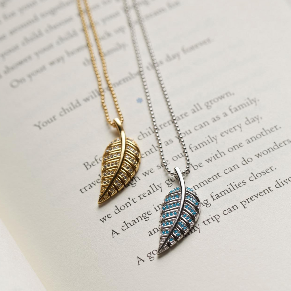 Pavé Leaf Turquoise Necklace, Handcrafted in 925 sterling silver