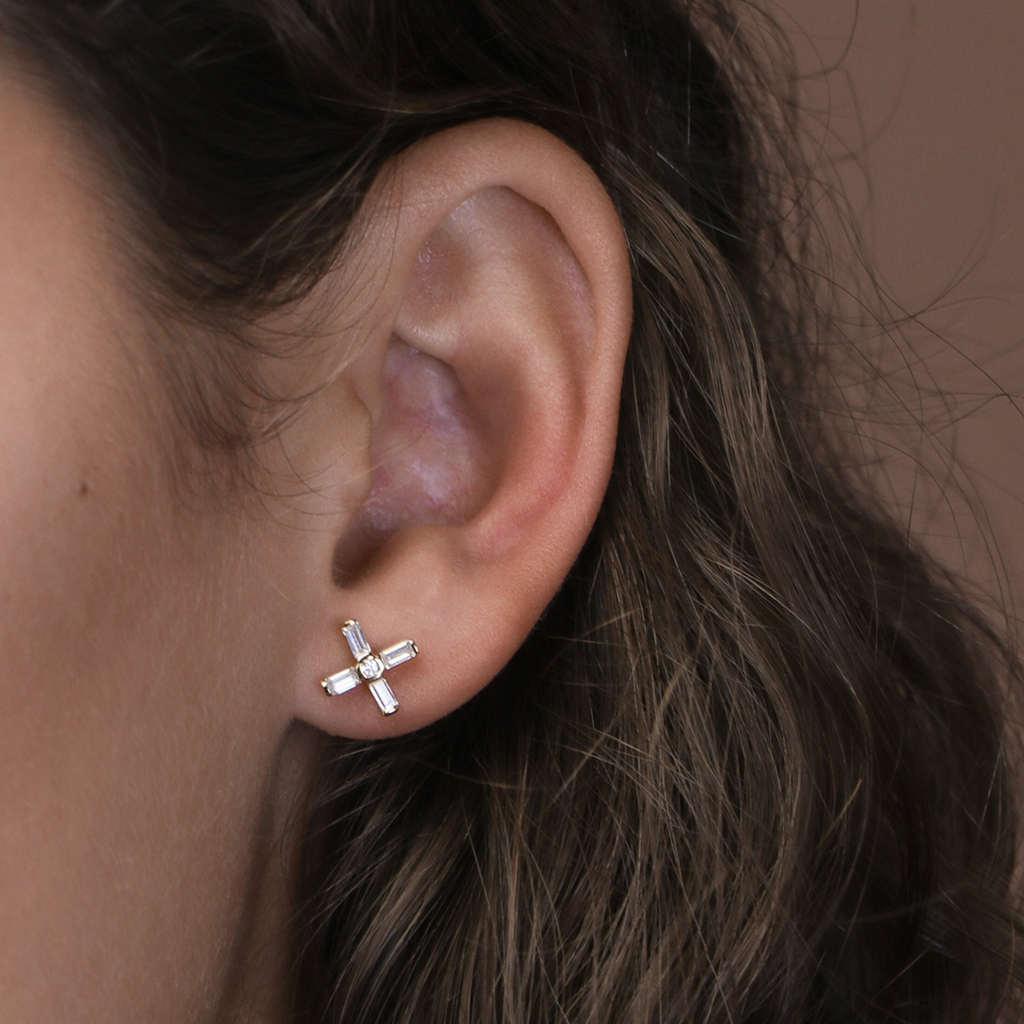 Baguette Cross Studs Sterling Silver, Handcrafted in 925 sterling silver
