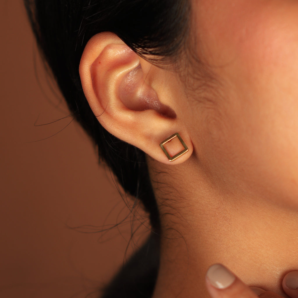 Square Frame Studs Earrings, Crafted in 18k yellow gold