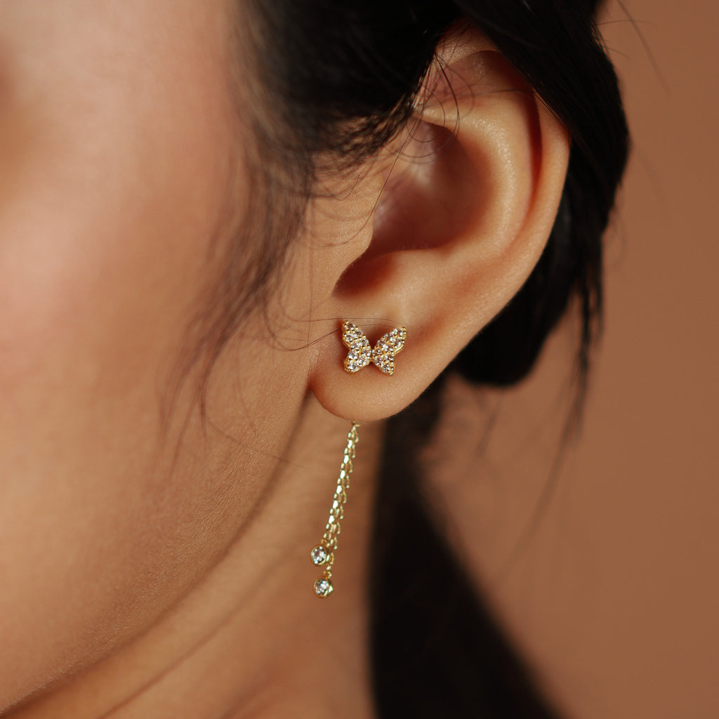Pavé Butterfly Chain Earring, Made in 18k Yellow Gold