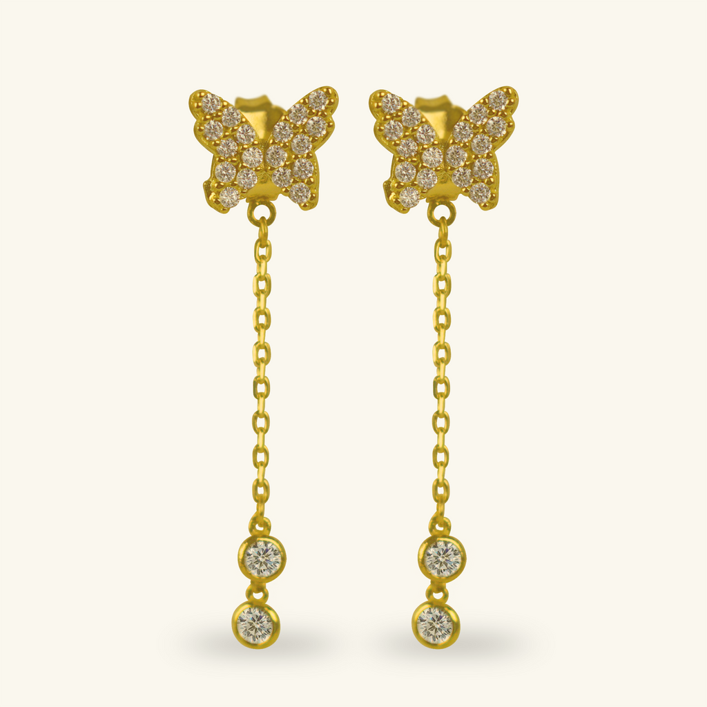 Pavé Butterfly Chain Earring, Made in 18k Yellow Gold
