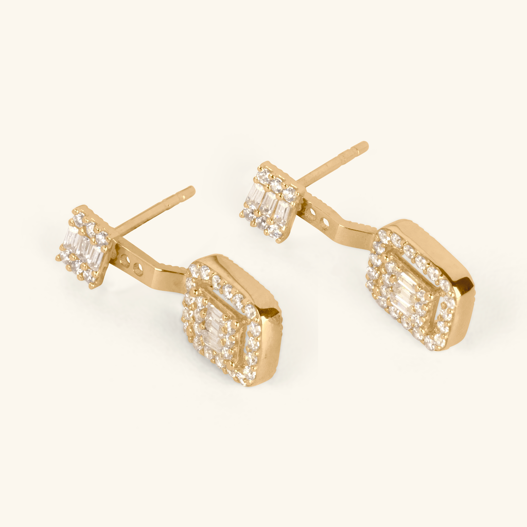 Close-up of push back post lock on Adjustable Pave Drop Earring 14k gold – Foundry