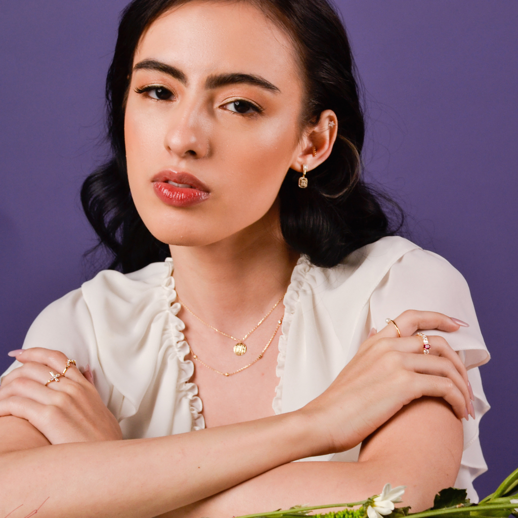 Adjustable Pave Drop Earring 14k gold stacked on model ear – Foundry