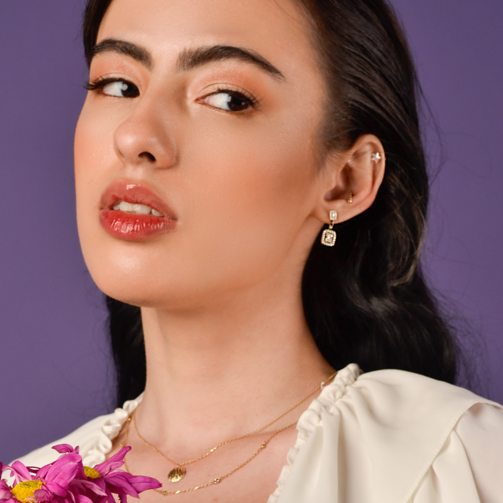 Adjustable Pave Drop Earring 14k gold stacked on model ear – Foundry