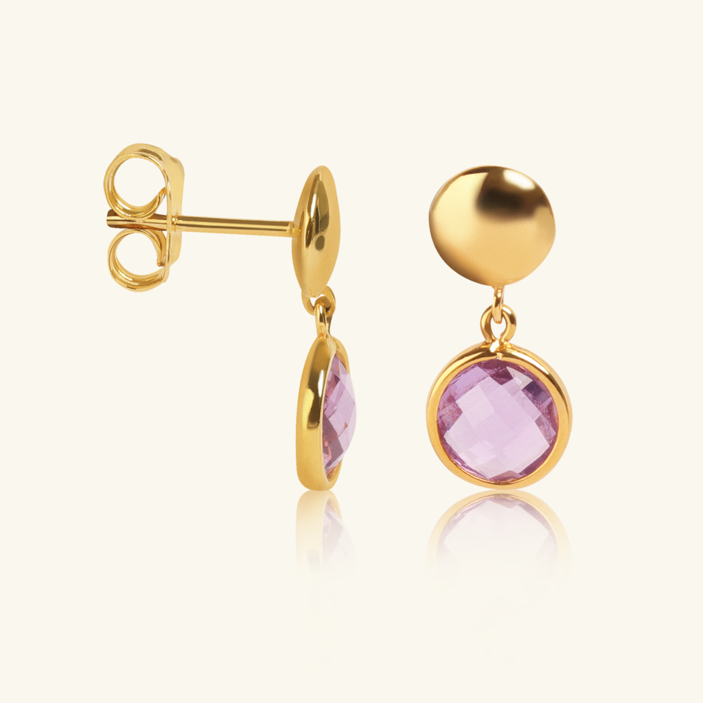 Close-up of Push back post lock clasp on Antoinette Drops Violet Crystal 18k gold – Foundry