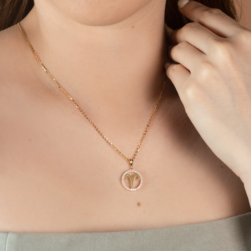 Aries Pendant 14k gold stacked on model neck– Foundry