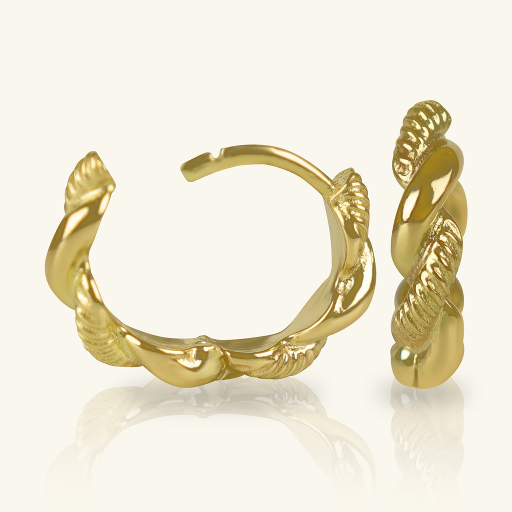 Close-up of saddle back on Aurora Twist Small Hoops 18k gold – Foundry