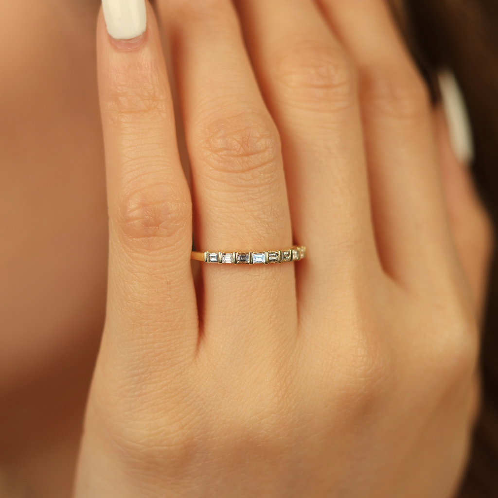 Baguette Diamond Half Eternity Ring 14k gold stacked on model finger –Foundry