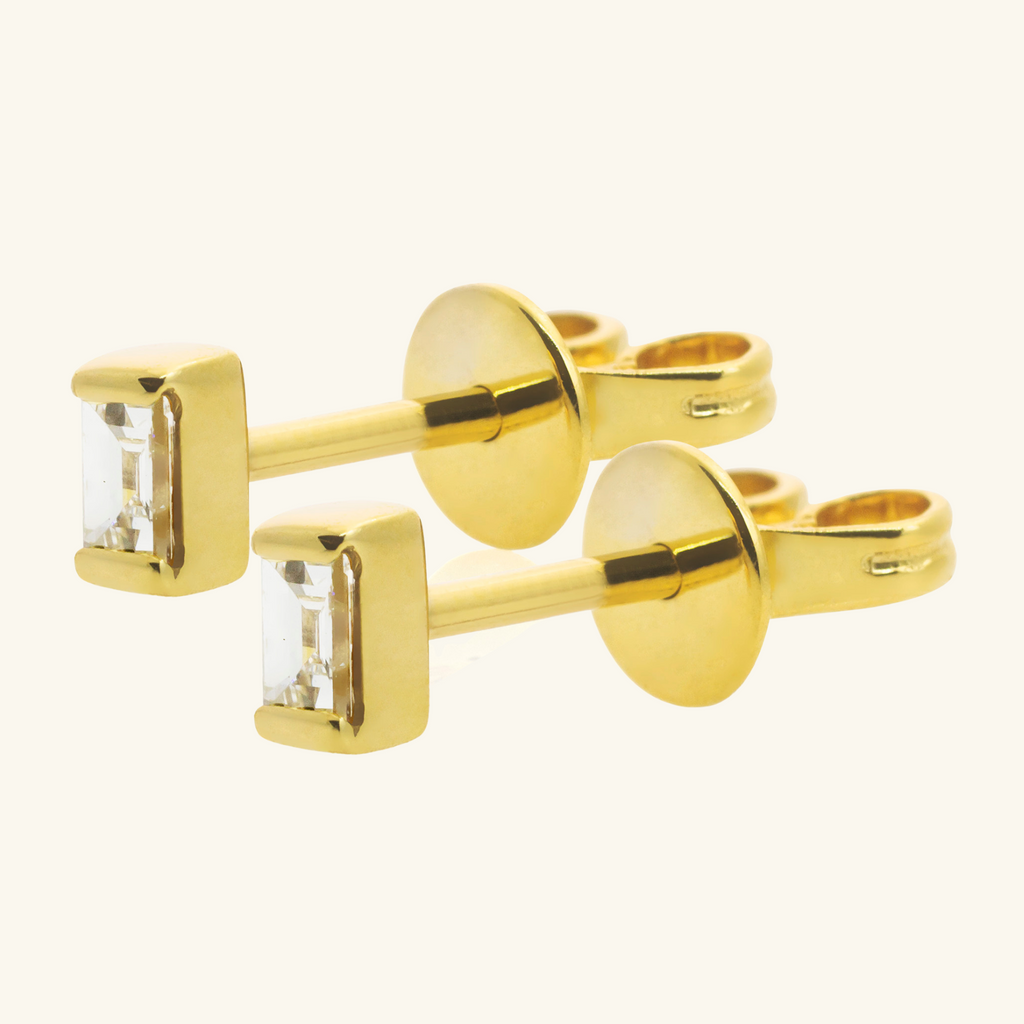 14k gold Baguette Diamond Studs, side view – Foundry Jewelry