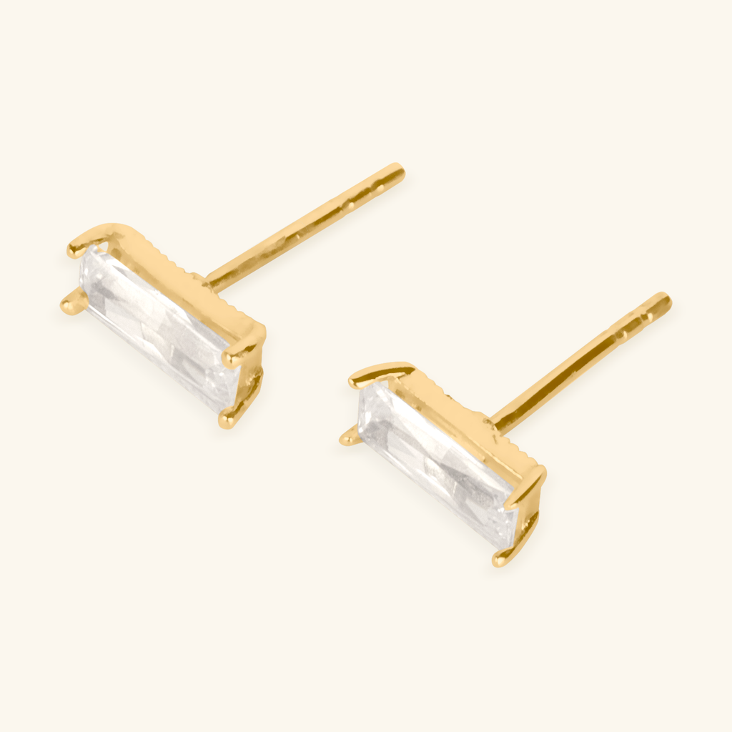 Close-up of push back post lock on Baguette Studs 14k gold – Foundry