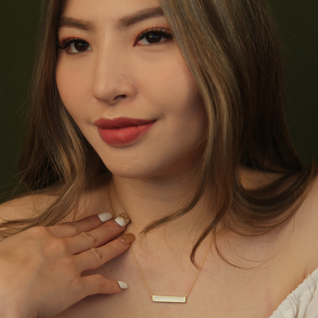 Bar Enamel Necklace Gold Vermeil stacked on model neck– Foundry