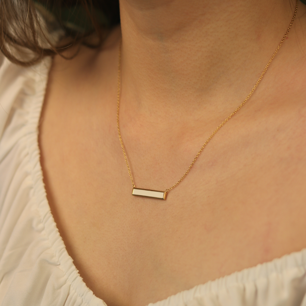 Bar Enamel Necklace Gold Vermeil stacked on model neck– Foundry