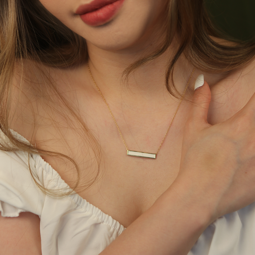 Bar Enamel Necklace Gold Vermeil stacked on model neck– Foundry