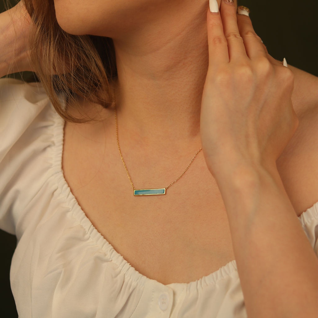 Bar Enamel  Necklace Turquoise Gold Vermeil  stacked on model neck – Foundry