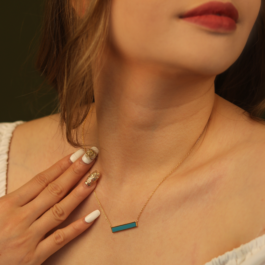 Bar Enamel  Necklace Turquoise Gold Vermeil  stacked on model neck – Foundry