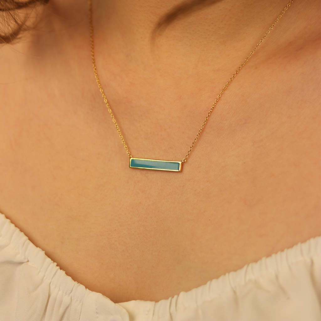 Bar Enamel  Necklace Turquoise Gold Vermeil  stacked on model neck – Foundry
