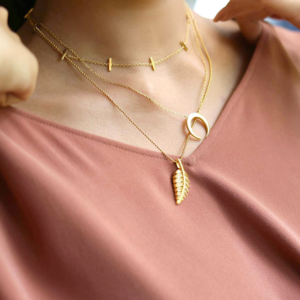 Bar Station Necklace Gold Vermeil stacked on model neck – Foundry