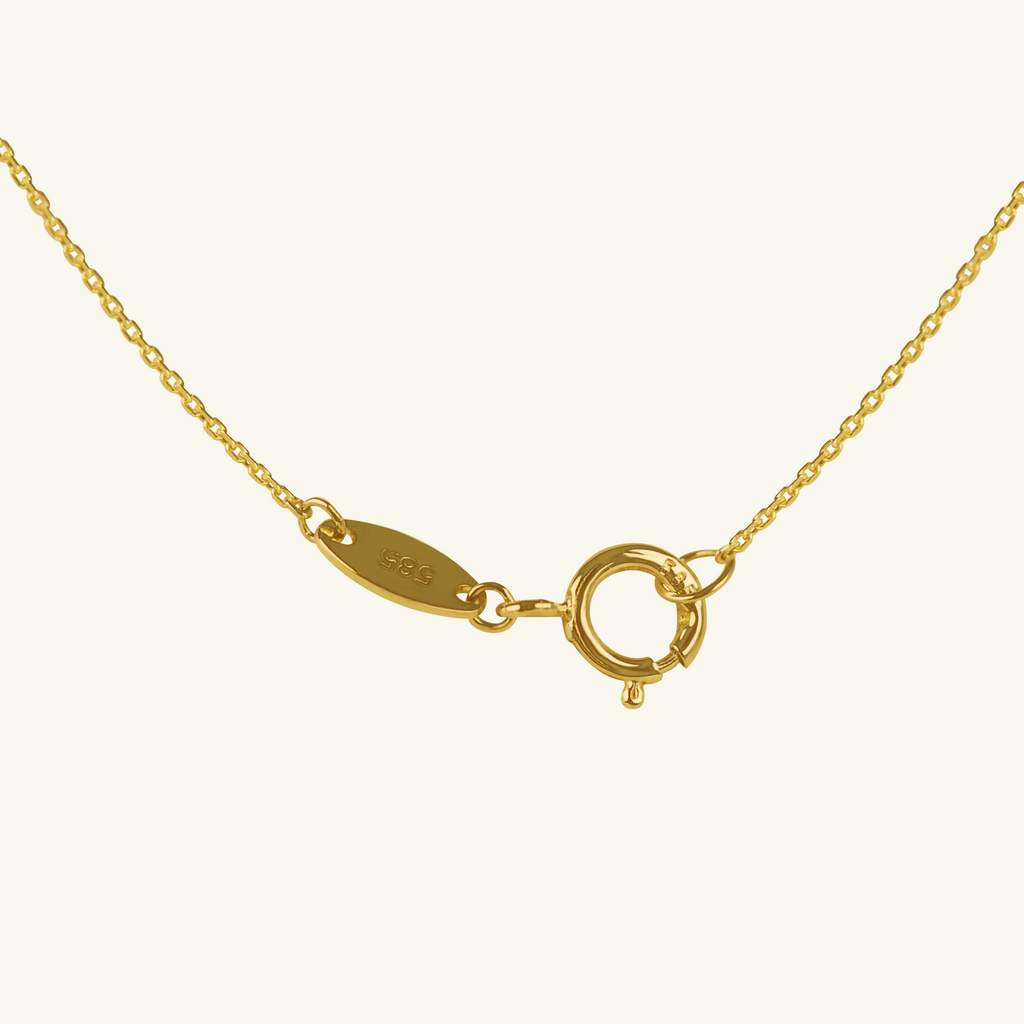 Close-up of spring ring clasp on Bezel Cubic Zirconia Necklace 14k gold – Foundry