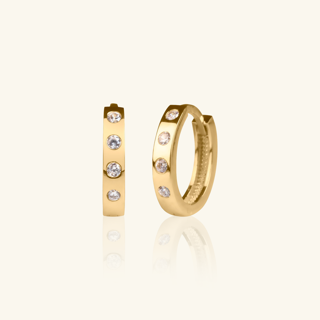 18k gold Bezel Set Mini Hoops, front view – Foundry Jewelry