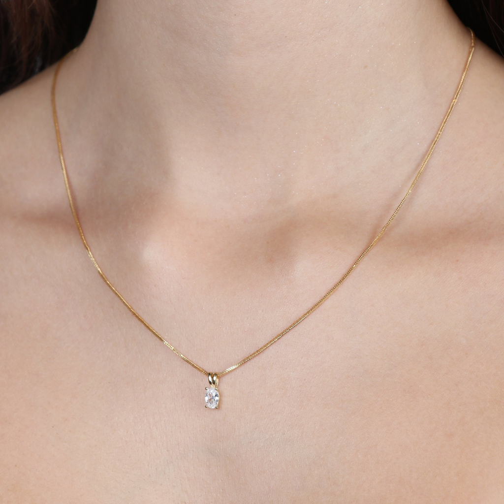 Birthstone Oval Pendant 18k gold stacked on model neck– Foundry