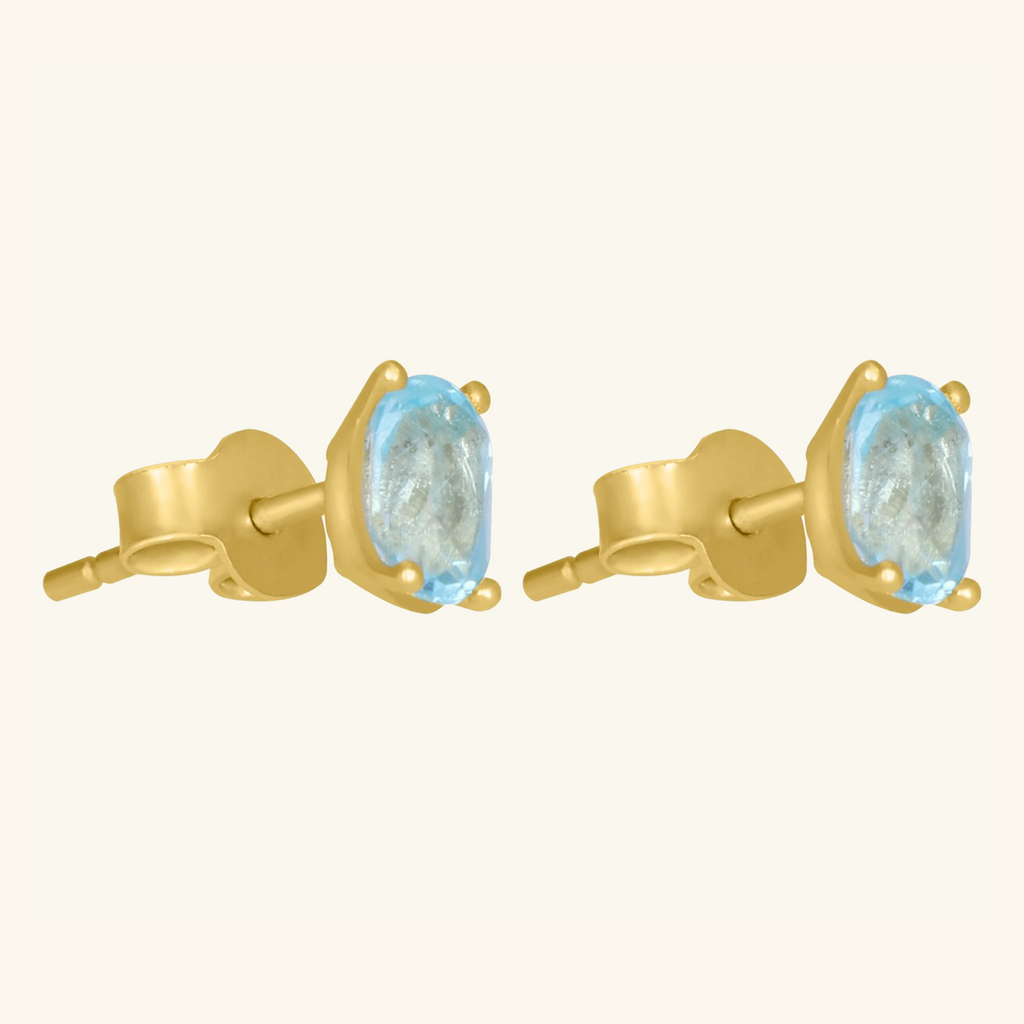 Close-up of push back post lock on Birthstone Oval Studs Aquamarine 18k gold – Foundry
