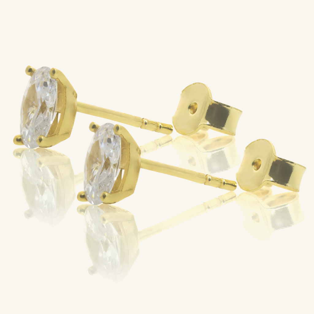 Close-up of push back post lock on Birthstone Oval Studs White Cubic 18k gold – Foundry